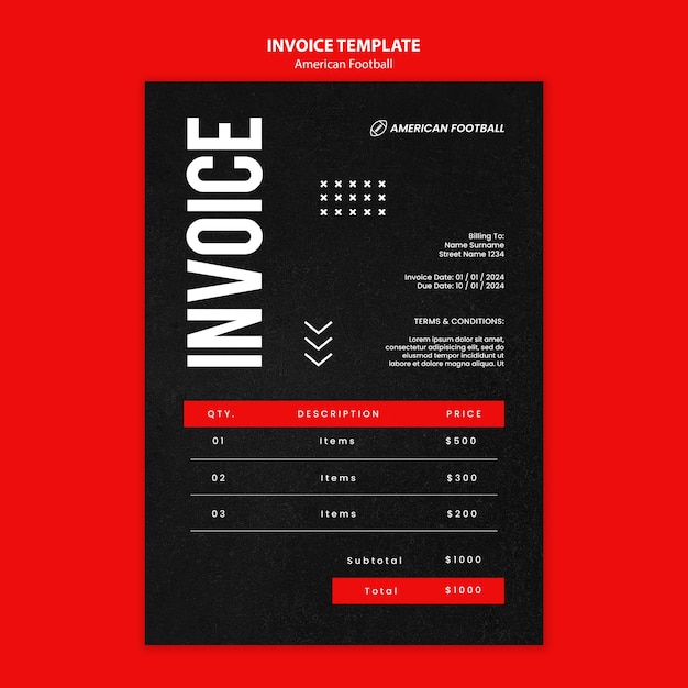 Free PSD flat design american football invoice template