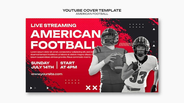 Modello di copertina youtube di design piatto per il calcio americano