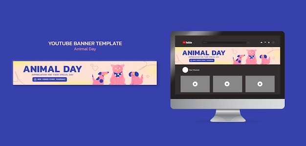 PSD gratuito banner di youtube giorno degli animali design piatto