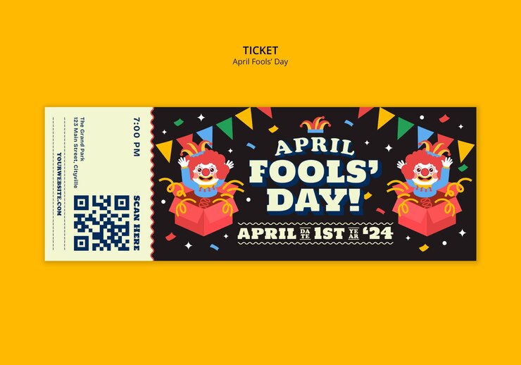 Free PSD flat design april fools celebration ticket