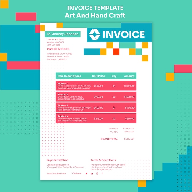 Free PSD flat design arts and handcraft invoice template