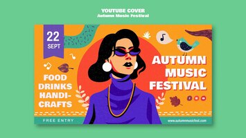 Бесплатный PSD Шаблон обложки youtube осеннего фестиваля в плоском дизайне