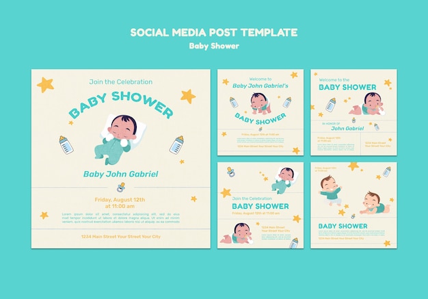 Flat design baby shower template instagram posts design