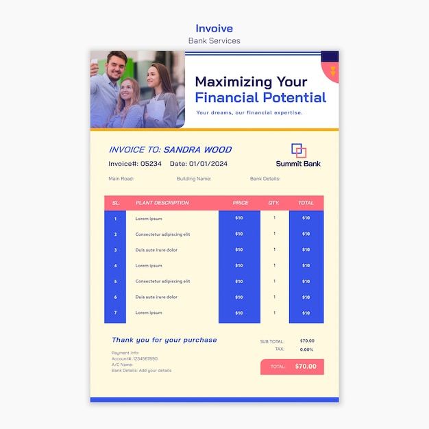 Flat design bank services invoice template