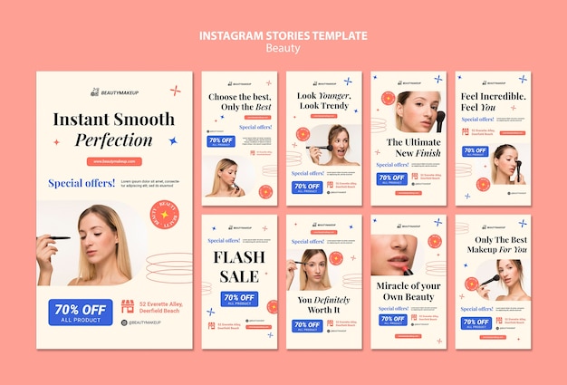 PSD gratuito storie di instagram di prodotti di bellezza dal design piatto