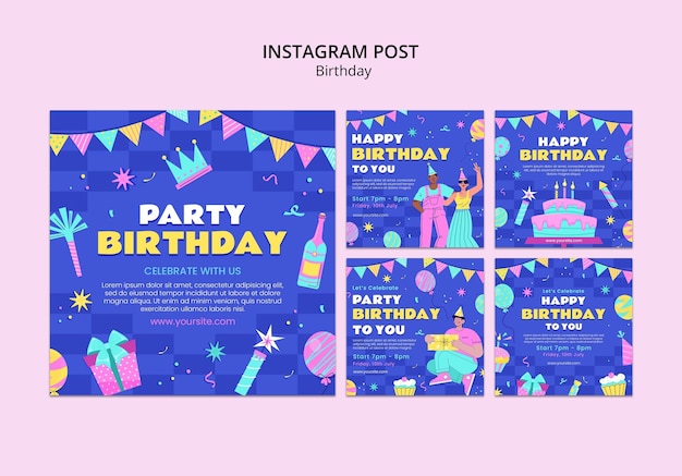 無料PSD フラットなデザインの誕生日のお祝いのinstagramの投稿