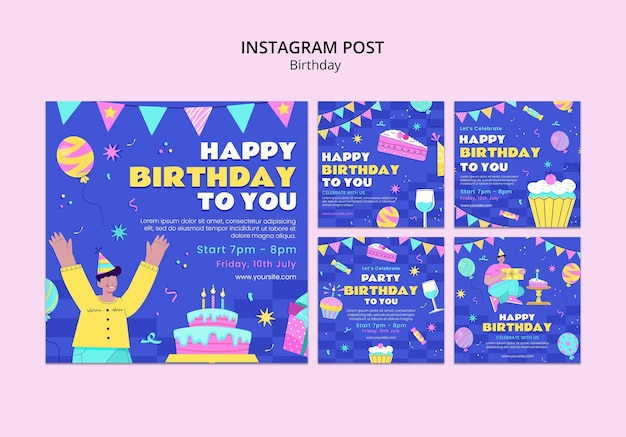 Free PSD flat design birthday celebration instagram posts