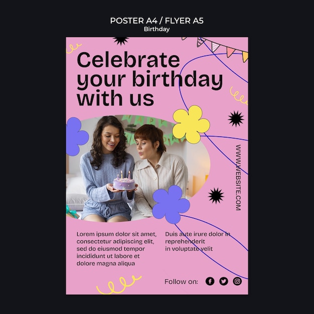 Бесплатный PSD Плакат празднования дня рождения в плоском дизайне