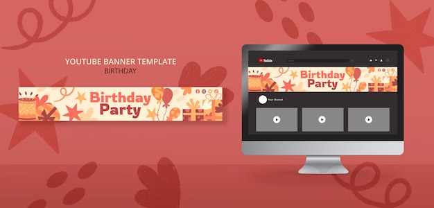 PSD gratuito banner di youtube per la celebrazione del compleanno di design piatto