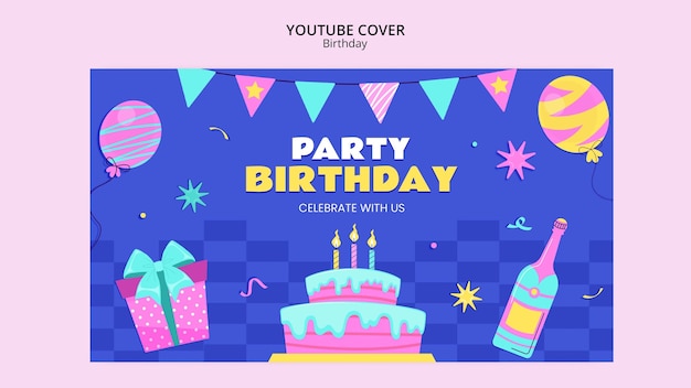 Бесплатный PSD Обложка youtube для празднования дня рождения в плоском дизайне