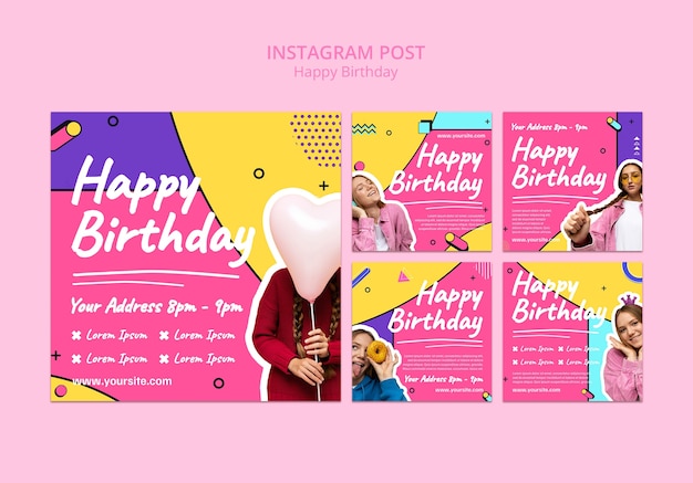 Free PSD flat design birthday party instagram posts