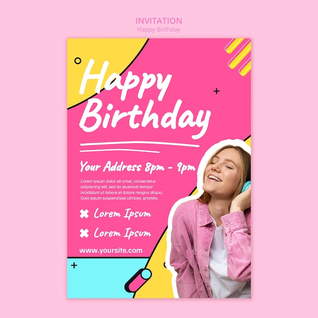 Flat design birthday party invitation template