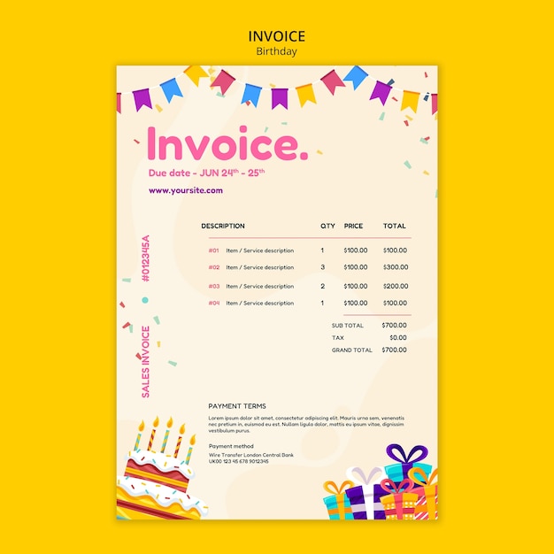 Flat design birthday party invoice template