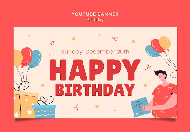 Шаблон обложки youtube для вечеринки по случаю дня рождения в плоском дизайне