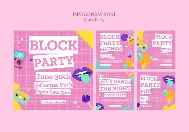 無料PSD フラットデザインのブロックパーティーのinstagramの投稿