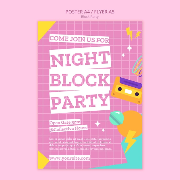 Free PSD flat design block party poster template