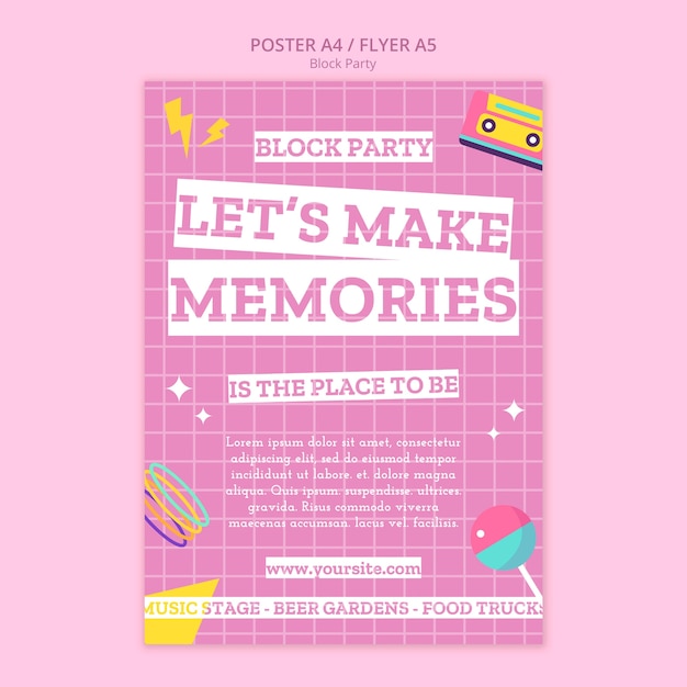 Free PSD flat design block party poster template