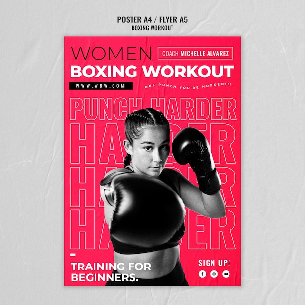 PSD gratuito design piatto modello di poster di boxe