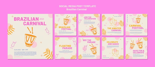 Free PSD flat design brazilian carnival instagram posts template