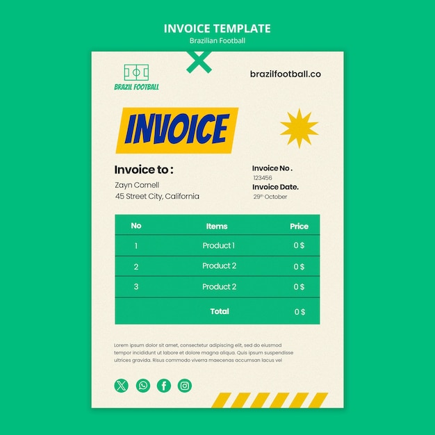 Free PSD flat design brazilian football invoice template