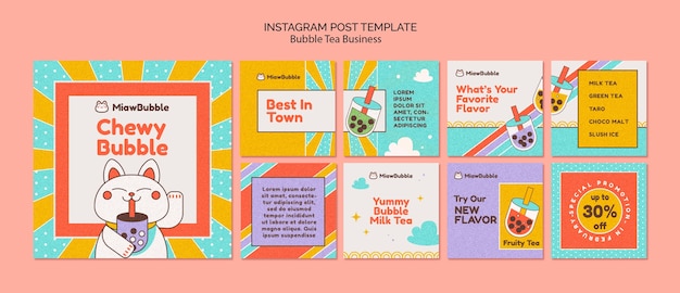 Flat design bubble tea instagram posts template