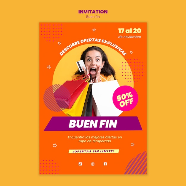 Free PSD flat design buen fin invitation template