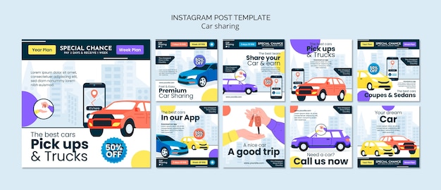 Бесплатный PSD Плоский дизайн постов в instagram для обмена автомобилями