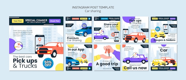 Free PSD flat design car sharing  instagram posts