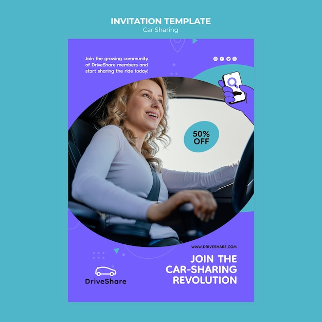 Free PSD flat design car sharing invitation template