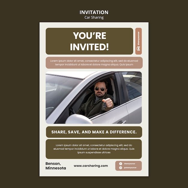 無料PSD フラットなデザインのカーシェアリングの招待状テンプレート