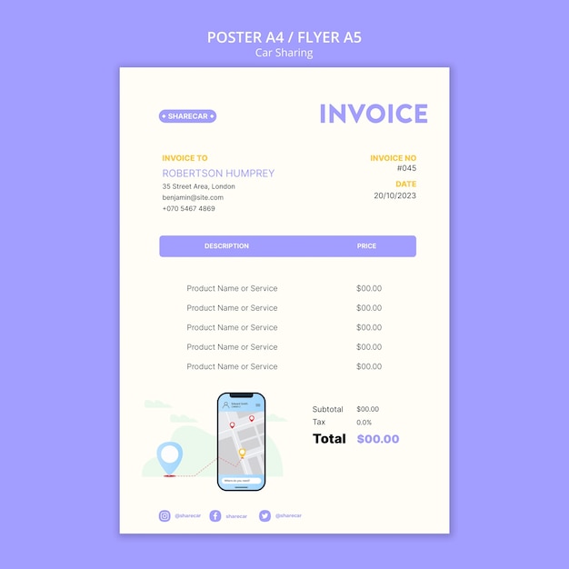 Flat design car sharing invoice template