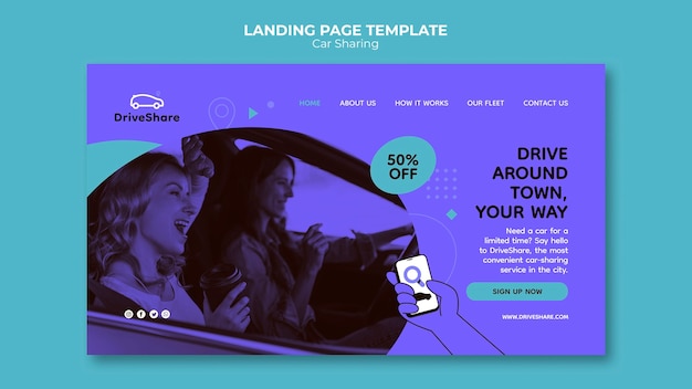 Free PSD flat design car sharing landing page