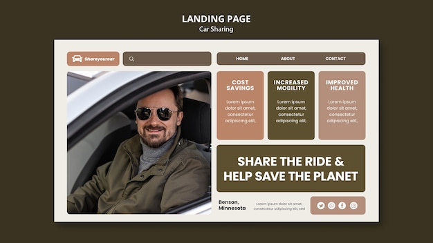 PSD gratuito pagina di destinazione del car sharing dal design piatto