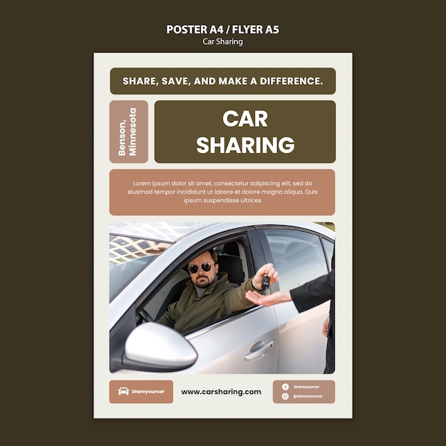 PSD gratuito modello di poster di car sharing design piatto