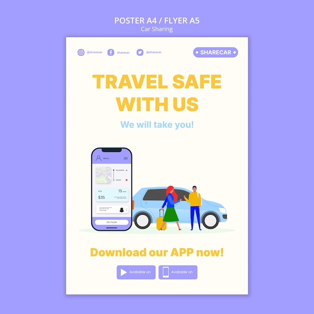 無料PSD フラットなデザインのカーシェアリングポスターテンプレート