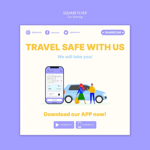フラットなデザインのカーシェアリングスクエアチラシテンプレート