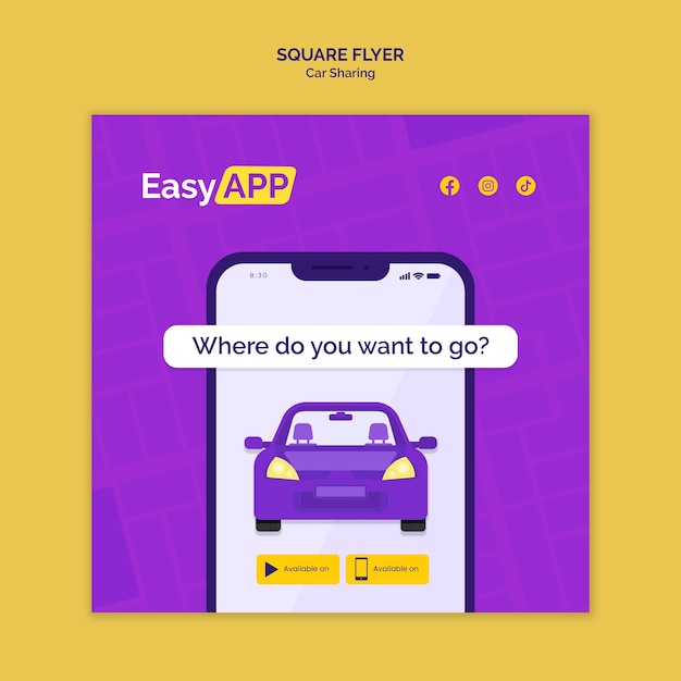 PSD gratuito modello di volantino quadrato per car sharing di design piatto