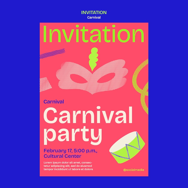 Бесплатный PSD Плоский дизайн карнавального приглашения