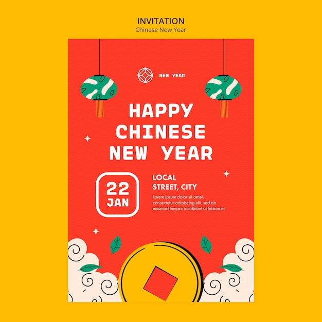 Free PSD flat design chinese new year invitation