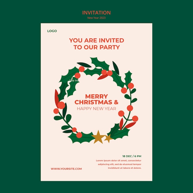 無料PSD フラットなデザインのクリスマスと新年の招待状のテンプレート