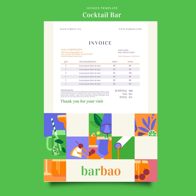 Free PSD flat design cocktail bar invoice template