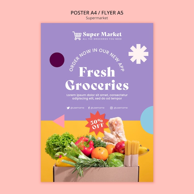 Free PSD flat design colorful supermarket template