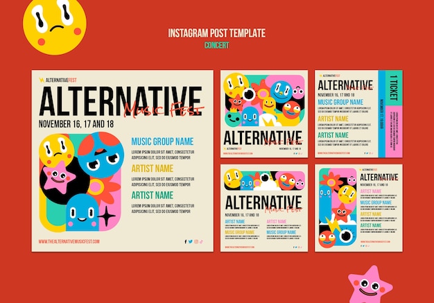 PSD gratuito set di post instagram per concerti dal design piatto