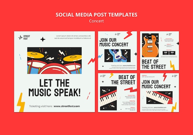 Free PSD flat design concert instagram posts set