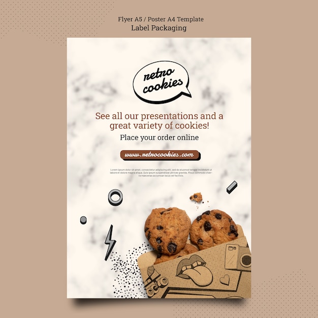 Шаблон плаката упаковки печенья в плоском дизайне
