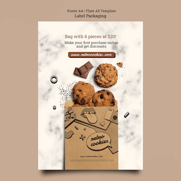 PSD gratuito modello di poster per l'imballaggio di biscotti dal design piatto
