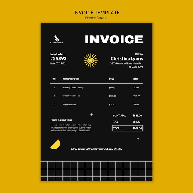 Flat design dance studio invoice template