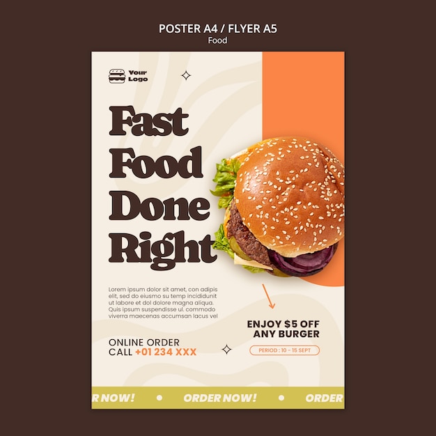 Modello di poster di cibo delizioso design piatto