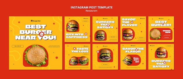 無料PSD フラットなデザインのおいしい食べ物レストランのインスタグラムの投稿