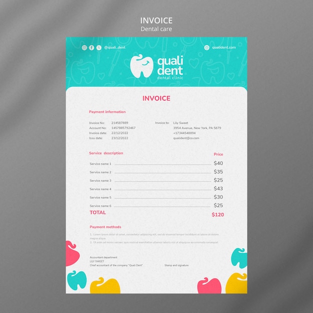 Free PSD flat design dental care invoice template